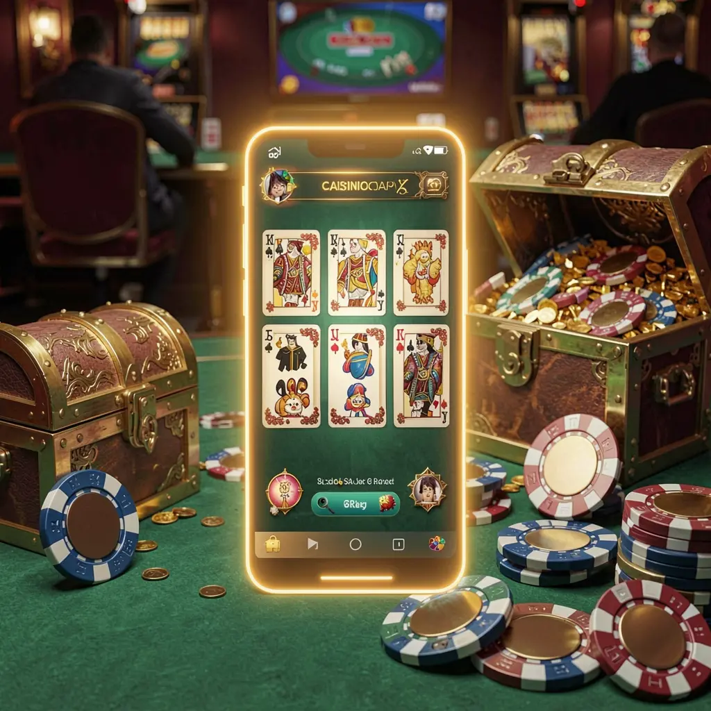 Luxury 3D render of a glowing smartphone displaying the SCR99 Casino APK Android app layout, surrounded by a treasure chest, chips, and coins, representing a premium mobile casino experience in Malaysia