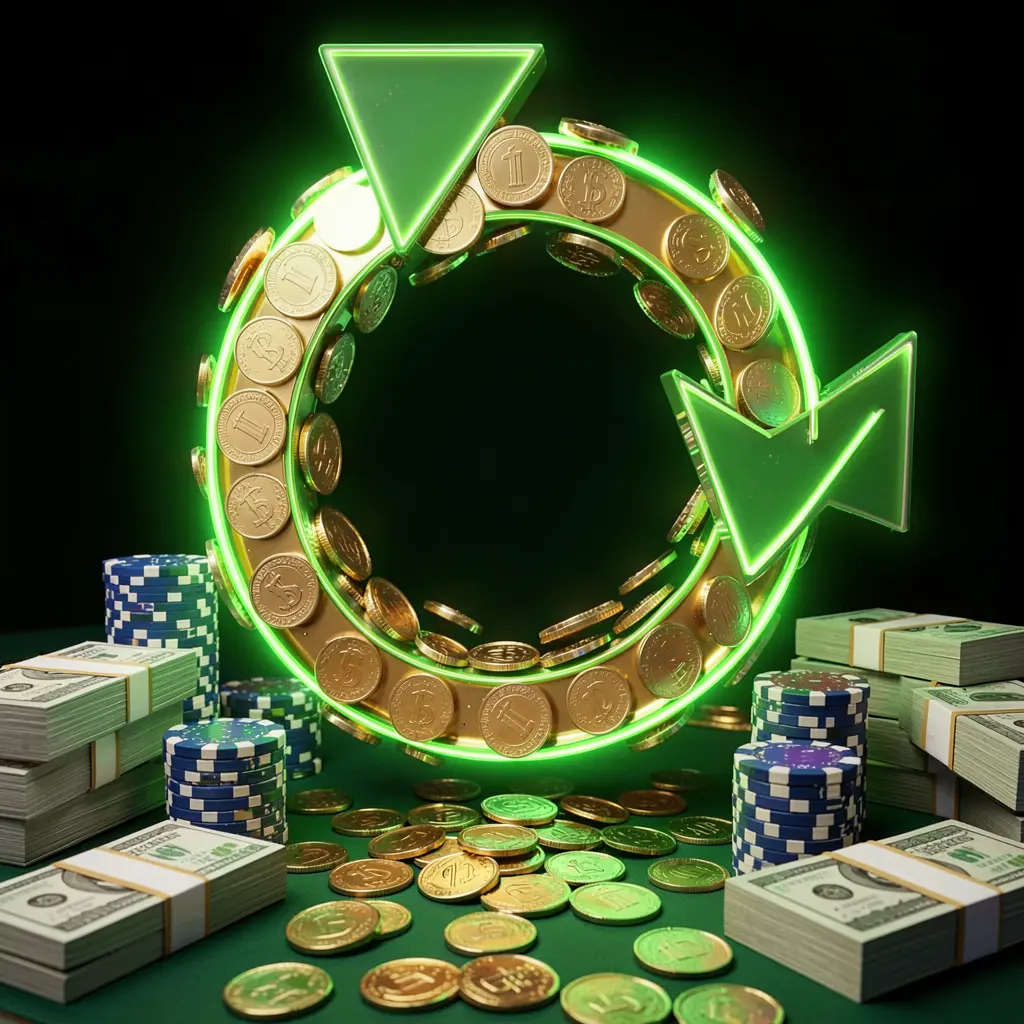 Realistic 3D render of a cashback casino bonus scene featuring SCR99 brand with coins moving in a circular arrow, stacks of chips, and cash bundles glowing in green and gold