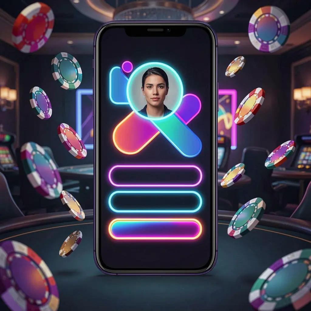 SCR99 mobile casino login screen on a phone showing abstract user profile and password fields with neon glow, surrounded by flying chips and coins in a dark premium casino atmosphere