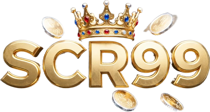 SCR99 casino-style logo featuring golden letters with a crown element and sparkling coins, set in a luxury gaming atmosphere on a transparent background