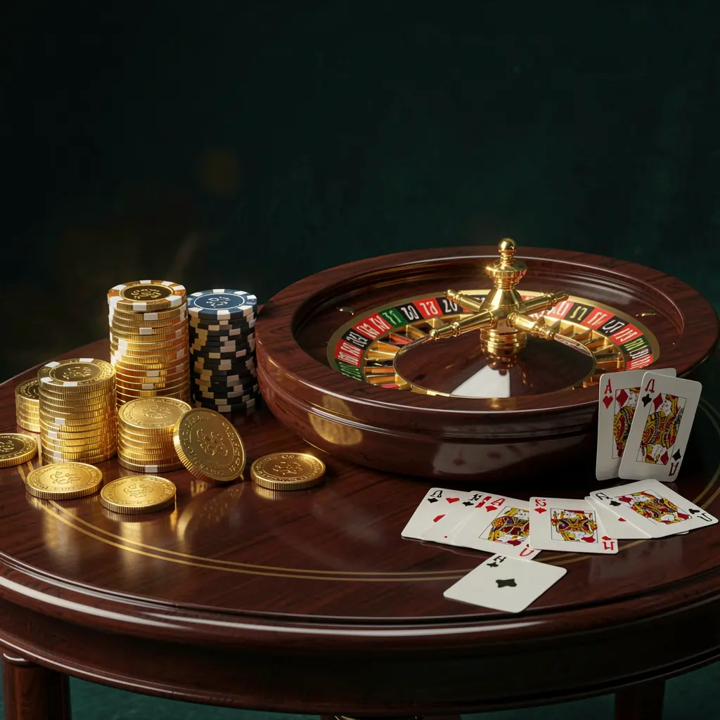 SCR99 premium online casino banner featuring golden coins, glowing chips, roulette wheel, and cards on a glossy table with an elegant dark background in a high detail realistic 3D render